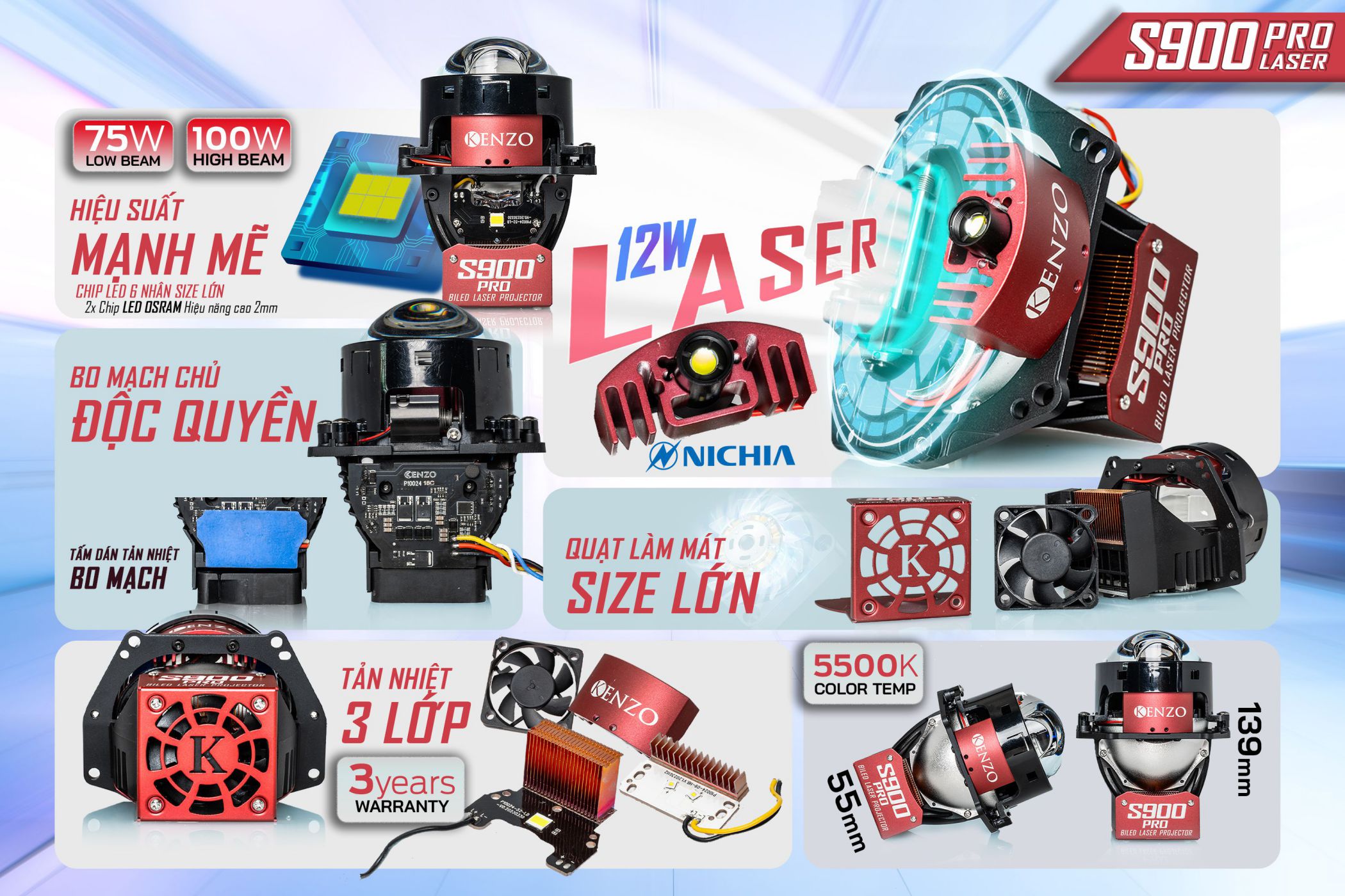 Bi Led Laser hiệu suất cao Kenzo S900 Pro